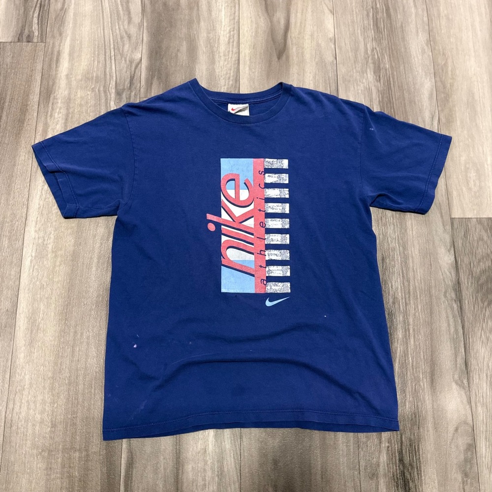 Vintage Nike Athletics Graphic T-Shirt Blue Made in USA Mens XL Fits Medium